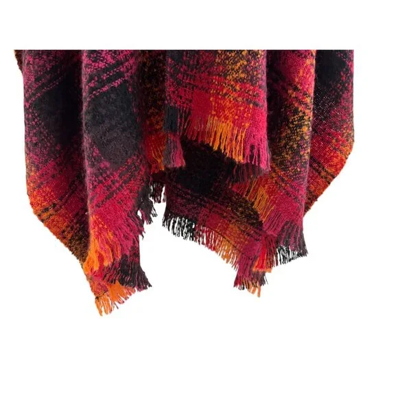 Chico's Plaid Blanket Shawl Fray Trim Fringe Ruana Wrap Poncho Knit Sweater OS